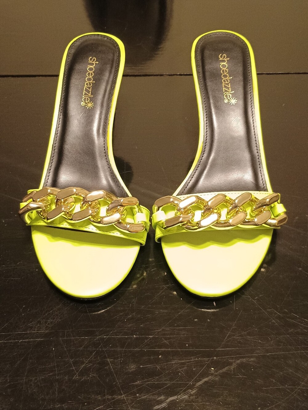Shoe Dazzle Neon Yellow Chain Slide Sandals with Gold Accent